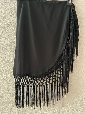 BLACK FRINGE BOHEMIAN SODE TIE EASY FIT PAREO WRAP SKIRT